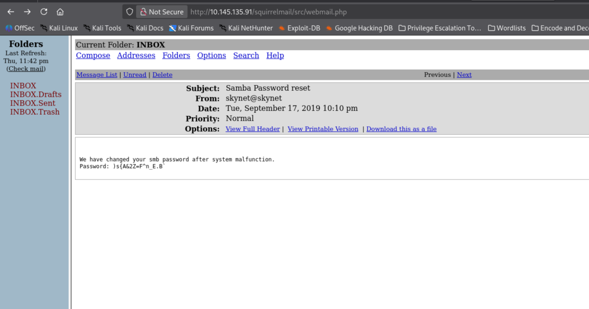 Miles' inbox email containing his new Samba password